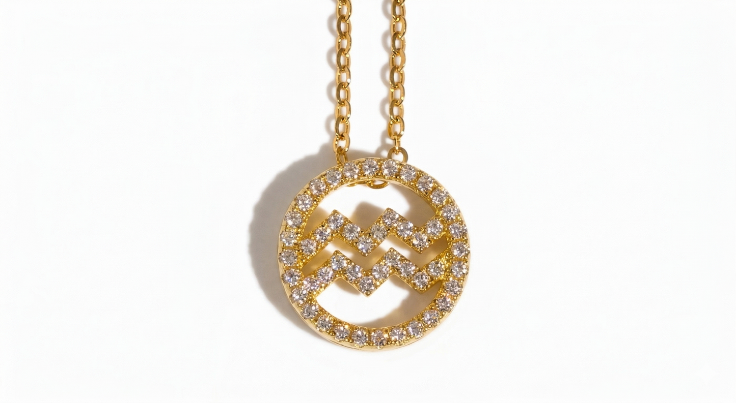 Aquarius zodiac pendant in 18k gold vermeil with lab-grown moissanite center stone - Arvea Jewelry